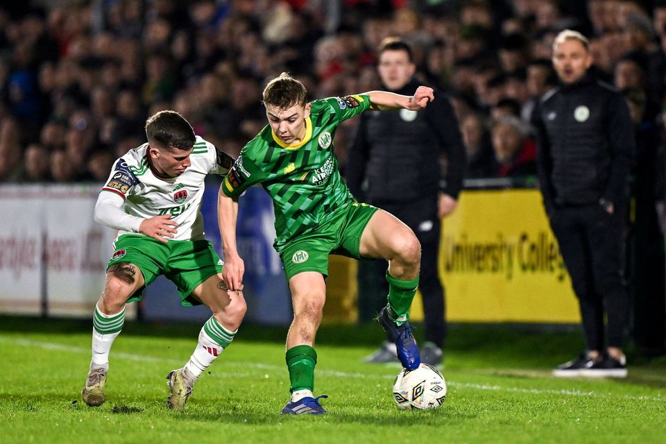 Ronan Teahan of Kerry FC is tackled by Evan McLaughlin of Cork City during the opeing night of the First Division in February at Turner's Cross Photo by Brendan Moran/Sportsfile
