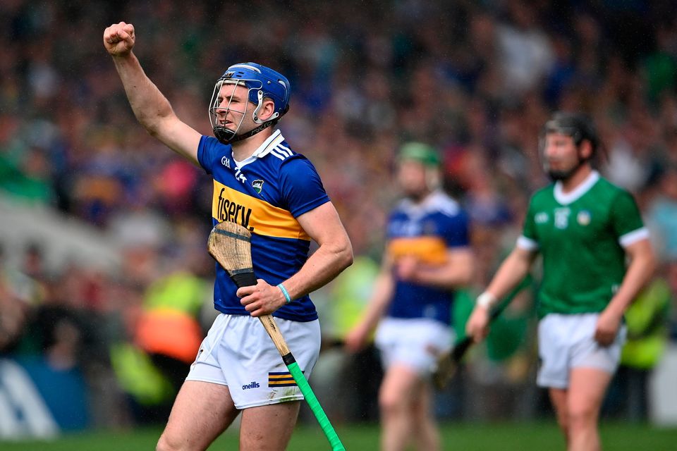 Tipperary's John McGrath celebrates after scoring the last point, from a free, to tie their Munster SHC Round 4 clash with Limerick at FBD Semple Stadium, Thurles. Photo: Piaras Ó Mídheach/Sportsfile