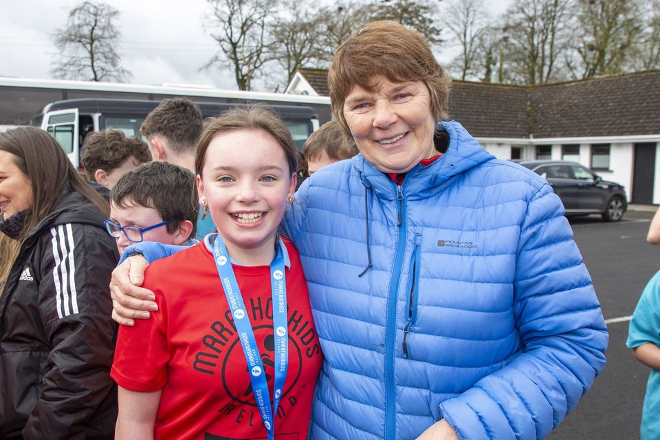 Ava Hannigan and Mary Brett Kelly from Donard NS at the Marathon Kids Run in Ballymore Eustace GAA. Photo: Michael Kelly
