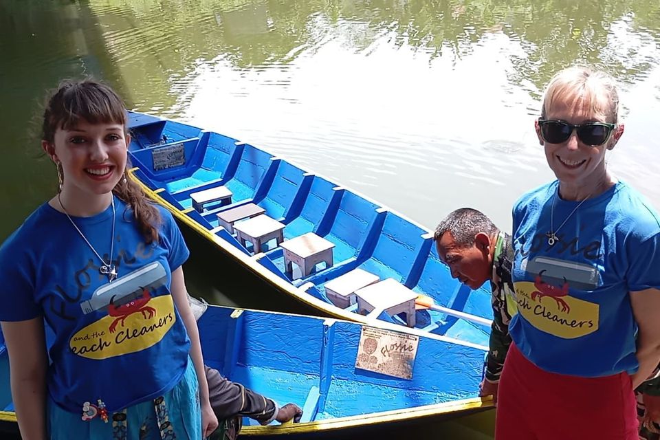 Flossie Donnelly and her mum Harriet Donnelly in Indonesia, where they have been helping remove plastics from the sea while also educating Irish students about the enormity of the problem