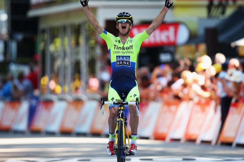 Michael Rogers of Nicolas Roche's Saxo-Tinkoff team celebrates his stage victory
in Bagneres-de-Luchon. GETTY