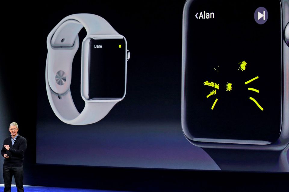 Apple CEO Tim Cook explains the features of the new Apple Watch during an Apple event on Monday, March 9, 2015, in San Francisco. (AP Photo/Eric Risberg)