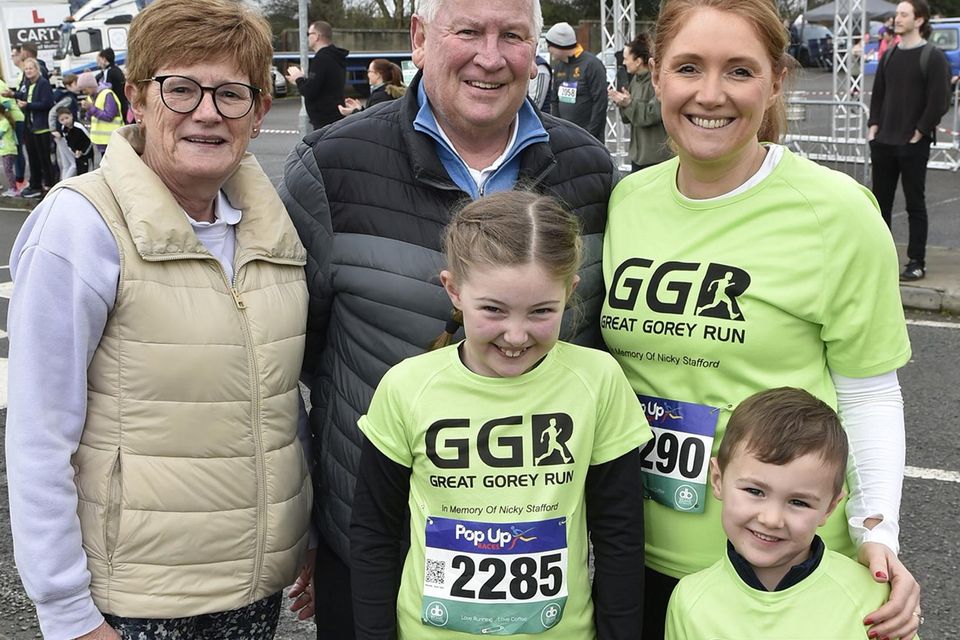 Kate Sheehan, Brendan Sheehan, Anna Morris, Alex Moris and Deirdre Morris pictured at the Great Gorey Run in memory of Nicky Stafford on Sunday morning. Pic: Jim Campbell