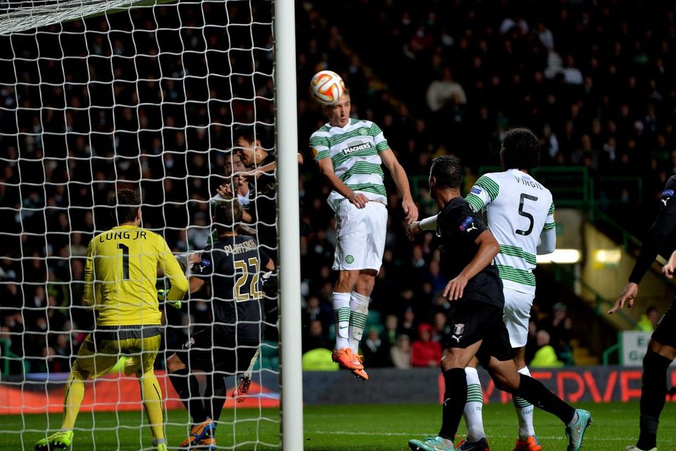 Stefan Scepovic of Celtic scores a his goal during the UEFA Europa League group D match between Celtic and Astra Giurgiu