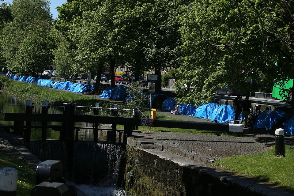 Some of the tents which have been pitched along the Grand Canal in Dublin. Photo: Collins