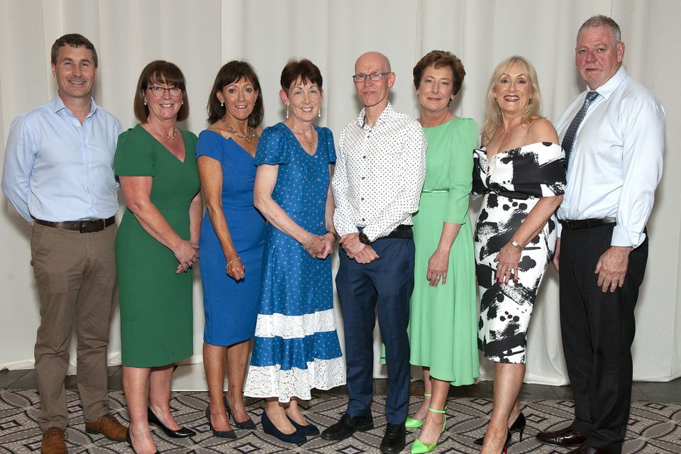 Rory McCarthy (Deputy Principal), Stella Kehoe, Linda McEvoy, Mary Fitzpatrick, Michael Finn (Principal), Freda Conboy-Yague, Rosemary Lenehan and Sean MacCormaic as presentations are made to four teachers who are retiring at the end of the school term in Gorey Community School at an event in the Amber Springs Hotel. Photo: Jim Campbell