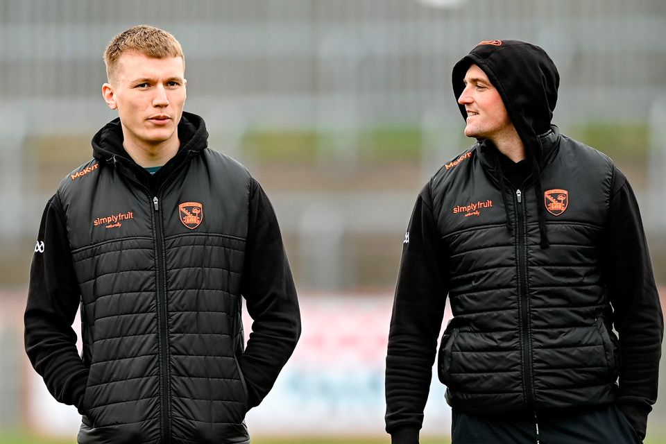 Rian O'Neill, left, and Connaire Mackin of Armagh before the Allianz Football League Division 1 match against Tyrone at O'Neill's Healy Park in Omagh, Tyrone. Photo by Ramsey Cardy/Sportsfile