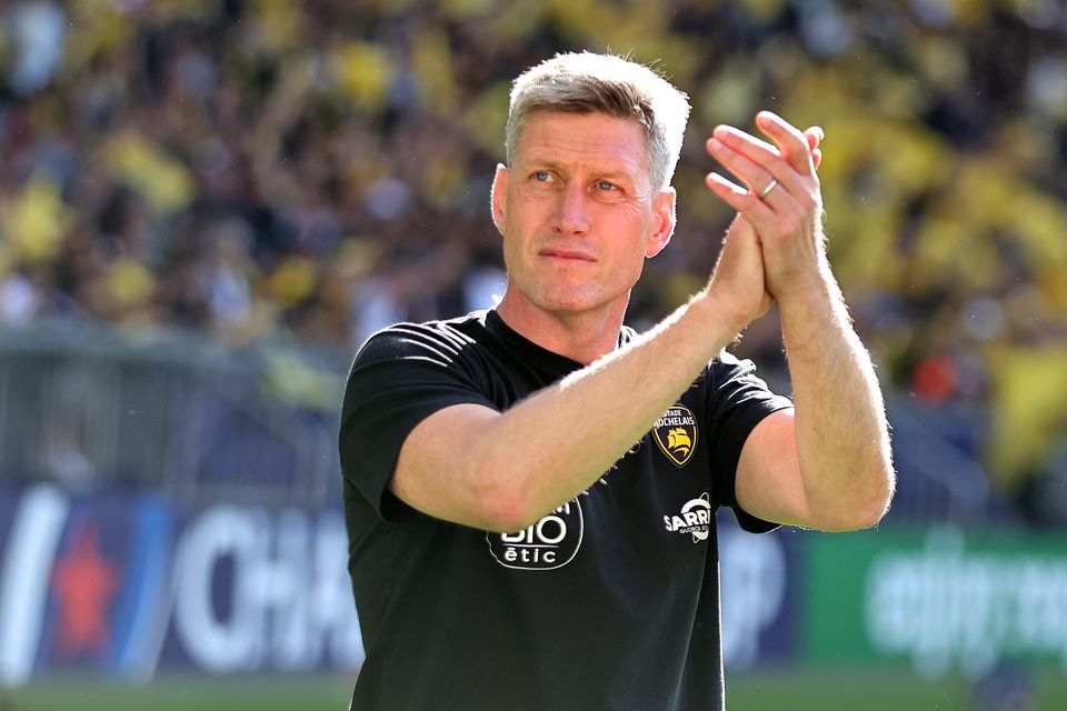 La Rochelle boss Ronan O'Gara celebrates victory over the Exeter Chiefs in the Heineken Champions Cup semi-final last month.