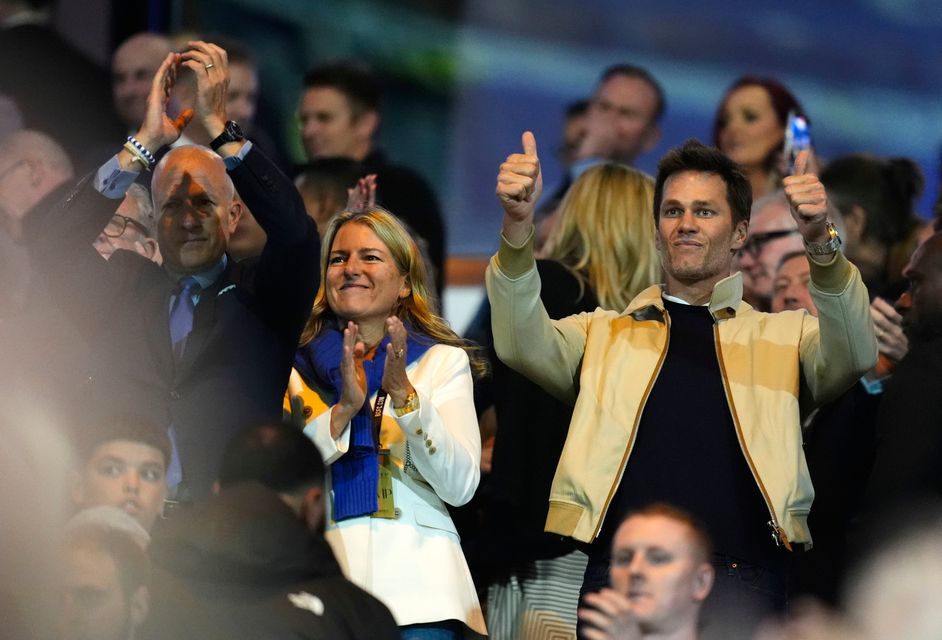 (left to right) Birmingham City chairman Tom Wagner with wife Cindy Wagner and Birmingham City co-owner Tom Brady in the stands