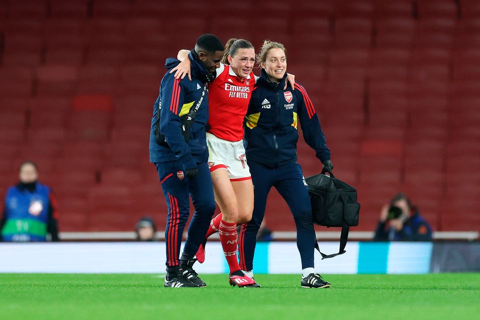 Arsenal and Ireland midfielder Katie McCabe is substituted after an injury during the Women's Champions League quarter-final second leg mwin over Bayern Munich at the Emirates Stadium in London