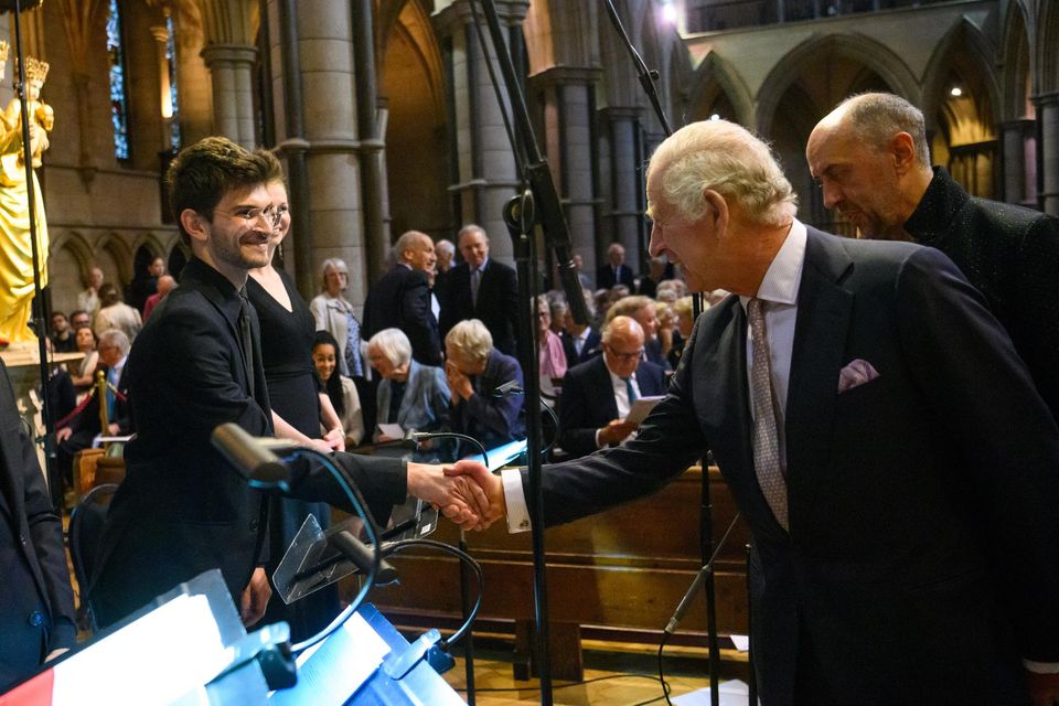 The King meets musician Gabriel-Ange Brusson, as he attends the new Wigmore Hall concert series (Matt Crossick/PA)