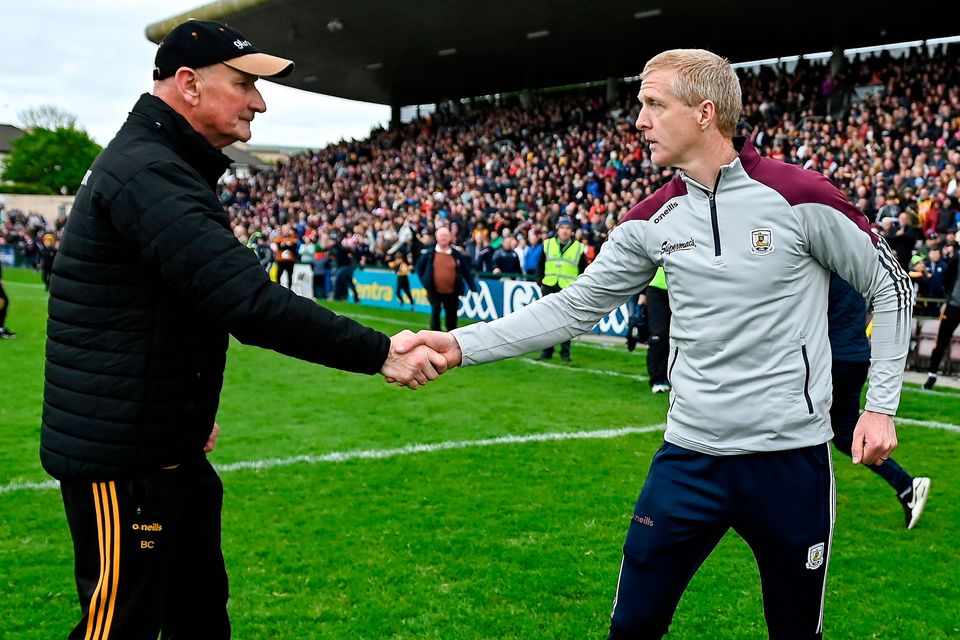 Kilkenny manager Brian Cody, left, and Galway manager Henry Shefflin shake hands after the Leinster SHC round 3 match at Pearse Stadium in Galway. Photo by Brendan Moran/Sportsfile