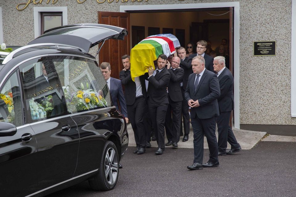 The remains of GAA legend Teddy McCarthy being taken away from the funeral home in Glanmire, Cork, on the 10th of June 2023.  Photo: Cillian Kelly