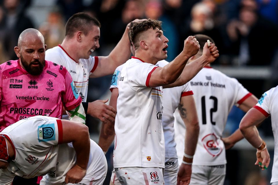 Reuben Crothers celebrates after Jacob Stockdale scores a vital try for Ulster