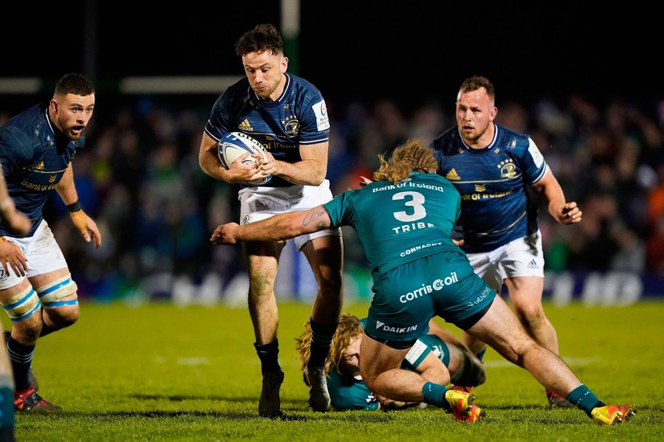 Leinster's Hugo Keenan is tackled by Connacht's Finlay Bealham during their Heineken Champions Cup match at The Sportsground. Photo: Brian Lawless/PA