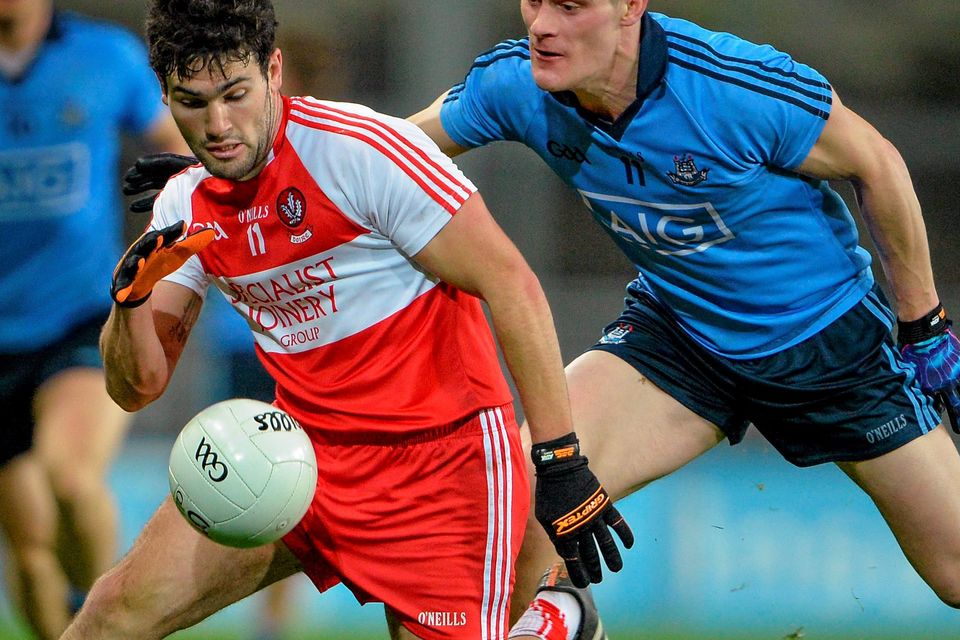 Derry's Daniel Heavron in action against Diarmuid Connolly of Dublin