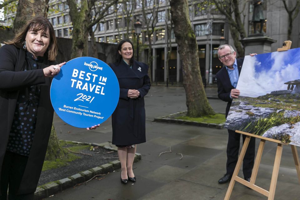 Noirín Hegarty, Lonely Planet; Catherine Martin TD, Minister for Tourism, Culture, Arts, Gaeltacht and Media; and Niall Gibbons, CEO of Tourism Ireland, at the announcement that Burren Ecotourism Network in Co Clare has been named a ‘Best Community Tourism Project’ by Lonely Planet. Pic – Coalesce