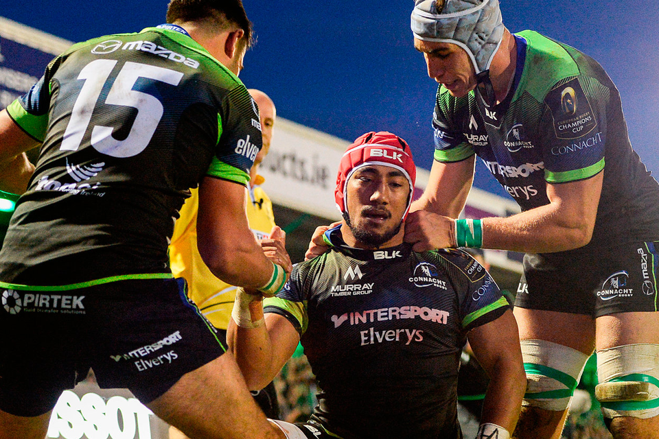 Bundee Aki, centre, is congratulated by team-mates Tiernan O’Halloran (left) and Ultan Dillane (right) after scoring a try against Toulouse in October. Photo: Seb Daly/Sportsfile