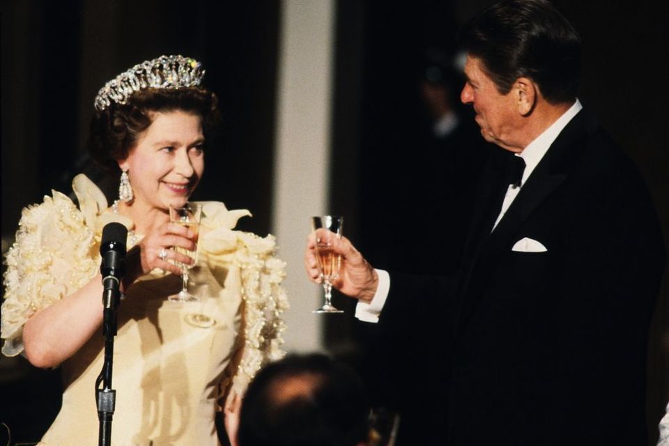 Queen Elizabeth ll and US president Ronald Reagan at a banquet during the queen's official visit to the US in March 1983 in San Francisco