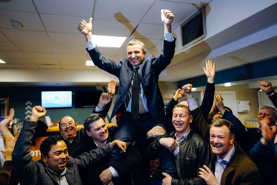 09/02/2020
Limerick County Fianna Fail TD Niall Collins celebrates with supporters after being elected on the first count at the Limerick Count Centre at Limerick Racecourse.
Pic: Don Moloney