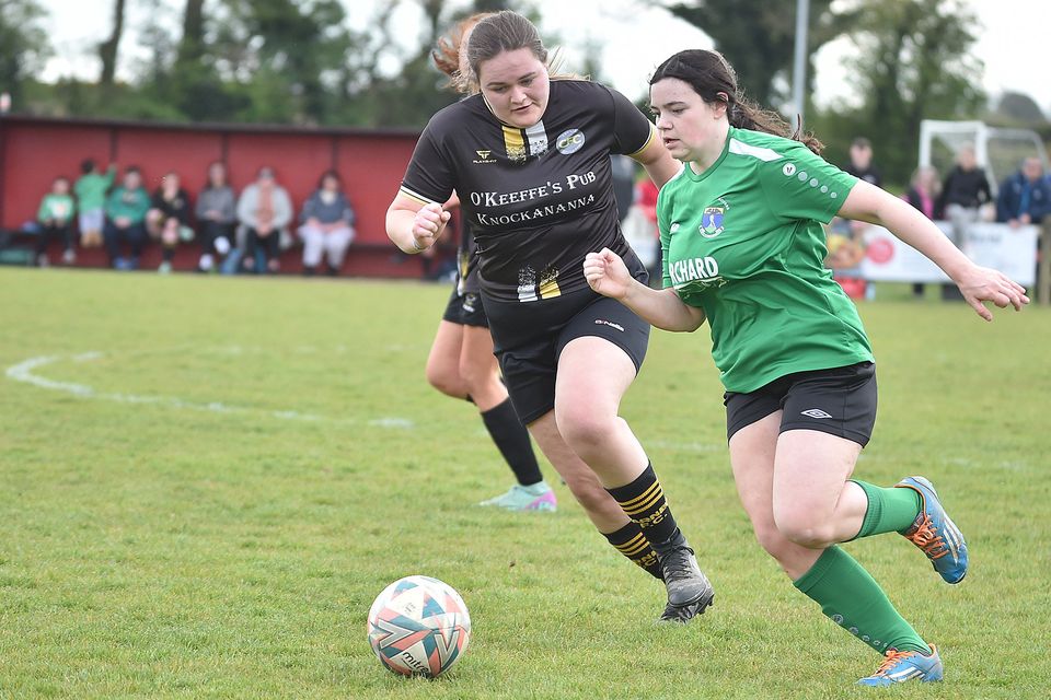 Carnew FC's Sophie Doran chases Molly Sweeney of Wicklow Rovers during the Divisional Shield final at Gorey Rangers grounds on Sunday. 