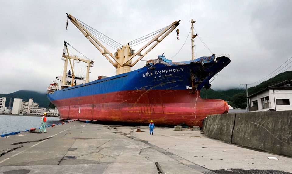 The cargo ship Asia Symphony was pushed onto the harbour wall in Kamaishi port by the tsunami in 2011. Photo: KAZUHIRO NOGI/AFP/Getty Images