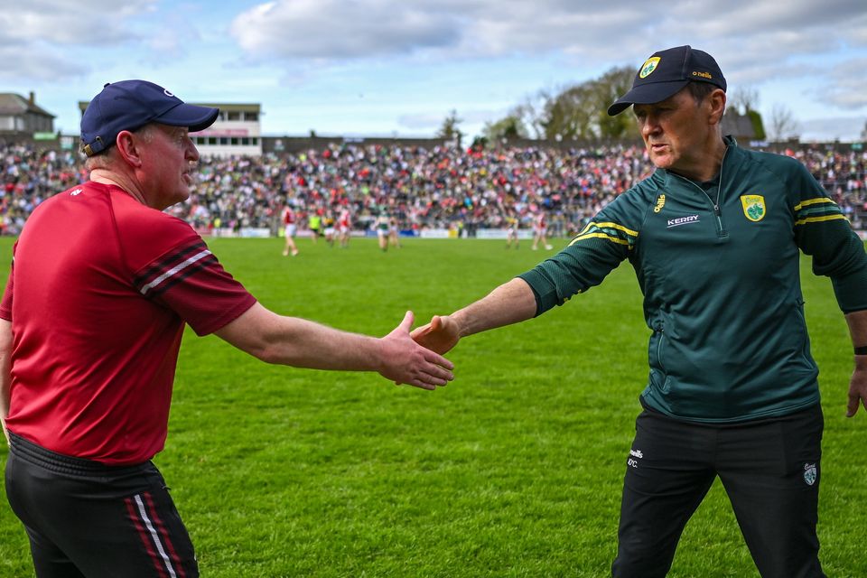 Kerry manager Jack O'Connor shake hands with Cork manager John Cleary after the 2024 Munster SFC semi-final at Fitzgerald Stadium in Killarney. Photo by Sportsfile