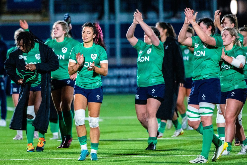Ireland players applaud the fans after the TikTok Women's Six Nations Rugby Championship match between Scotland and Ireland at DAM Health Stadium in Edinburgh, Scotland