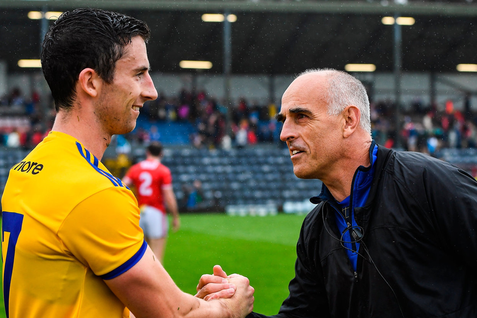 VICTORY: Roscommon’s Colin Compton and his manager Anthony Cunningham after yesterday’s win over Cork. Photo by Matt Browne/Sportsfile