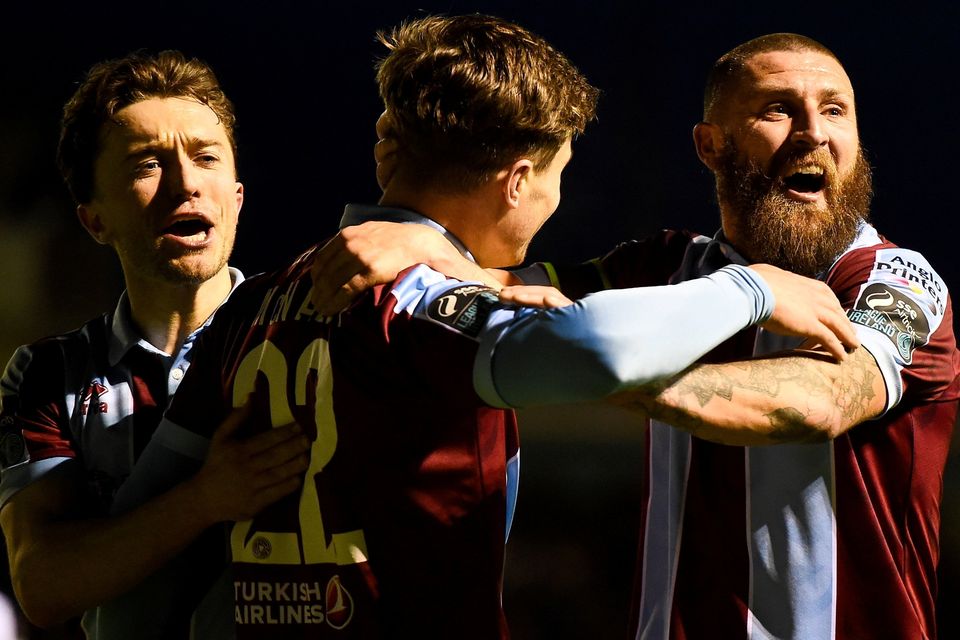 Darragh Markey (left) celebrates with Aaron McNally and Gary Deegan after McNally's late goal secured all three points against Sligo Rovers at Weavers Park. Photo by Shauna Clinton/Sportsfile