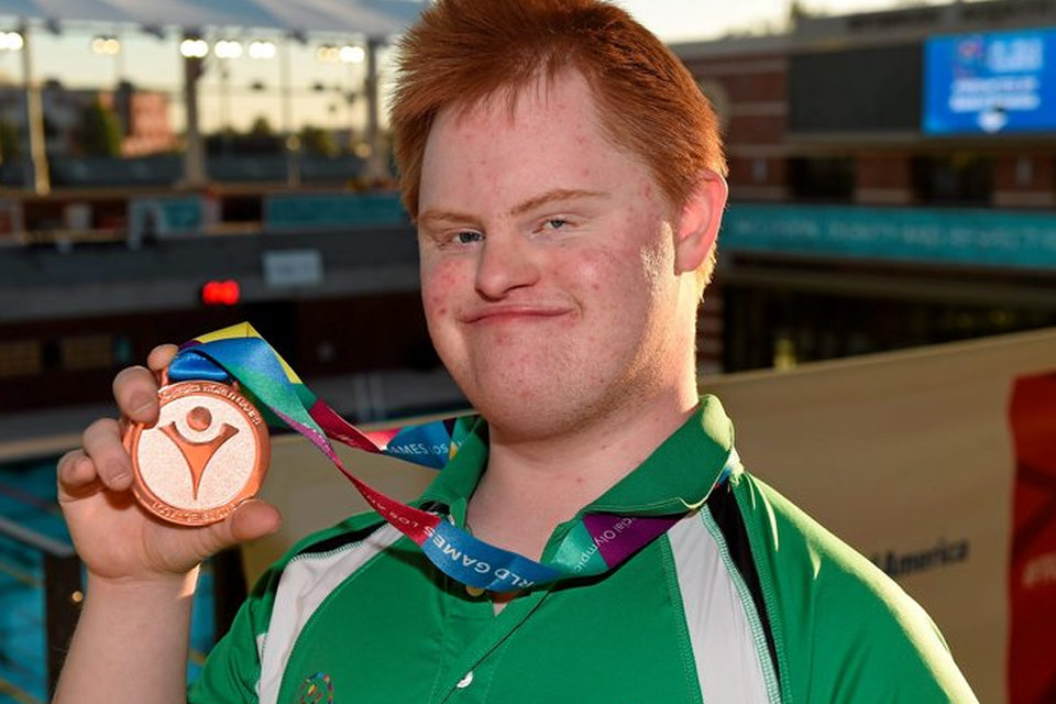 Team Irelands Gary McEnroe, a member of St John of God Menni Services, from Tallaght, Dublin, with his Bronze Medal - 25M Backstroke, at the Uytengsu Aquatics Center. Special Olympics World Summer Games, Los Angeles, California, United States. Picture credit: Ray McManus / SPORTSFILE