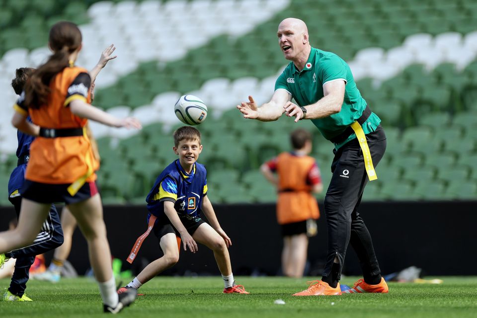 Ireland legend Paul O’Connell coaching kids during the Aldi Play Rugby National Festival at the Aviva Stadium. Photo: Inpho/Laszlo Geczo