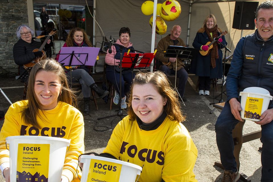 Pictured during the 'Busking for Focus Ireland' outside Hammels of Kilmuckridge on Friday were back row- Marie Brady, Margaret Canavan, Rita Guinee, Tony Byrne, Cllr Mary Farrell. Front- Anna Hammel, Amy White and Shay Hammel. Pic: Jim Campbell