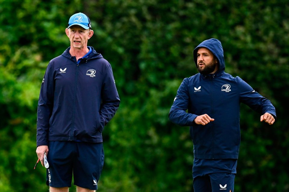 Leinster's head coach Leo Cullen and Jamison Gibson-Park during a Leinster squad training session at UCD. Photo: Piaras Ó Mídheach/Sportsfile