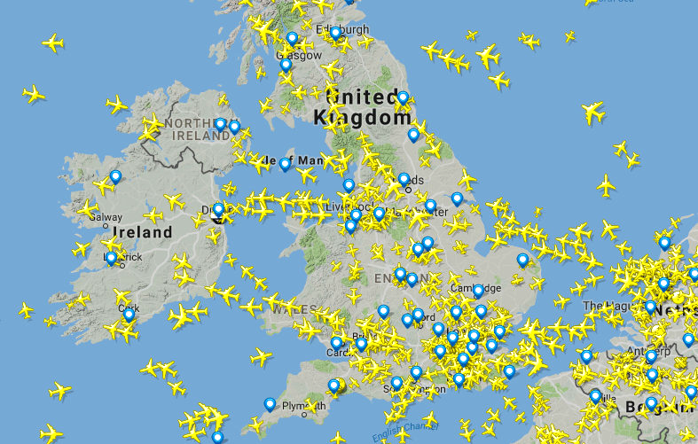 Flightradar24.com's view of Ireland and the UK at 10.53am on August 23, 2017. Screengrab: Flightradar24.com.