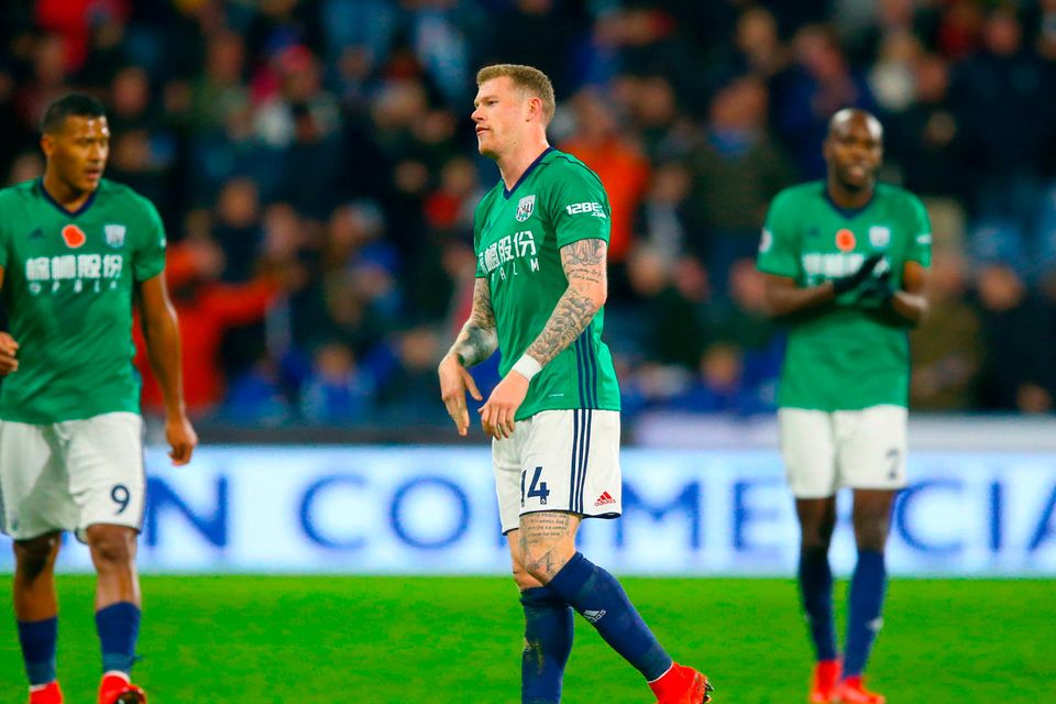 West Bromwich Albion's James McClean (centre) after the final whistle of the Premier League match at the John Smith's Stadium, Huddersfield. PRESS ASSOCIATION Photo. Picture date: Saturday November 4, 2017. Photo credit should read: Nigel French/PA Wire.