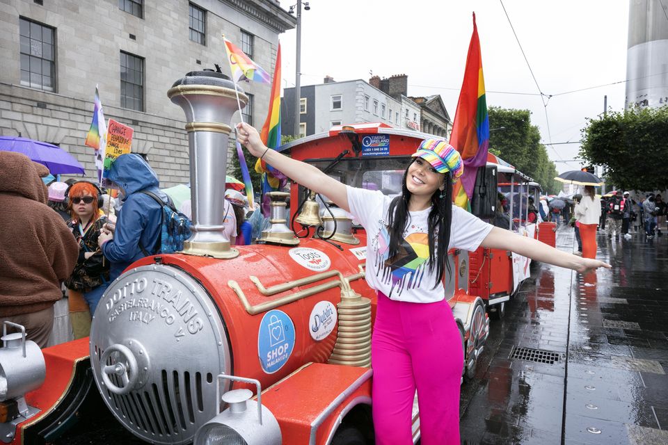 Members of the Irish Red Cross Youth took part in today's Pride parade in Dublin for their 13th sucessive year. Pictured aboard the Irish Red Cross Youth Train is Liz McMahon from Limerick.
Photo: Tony Gavin 29/06 2024