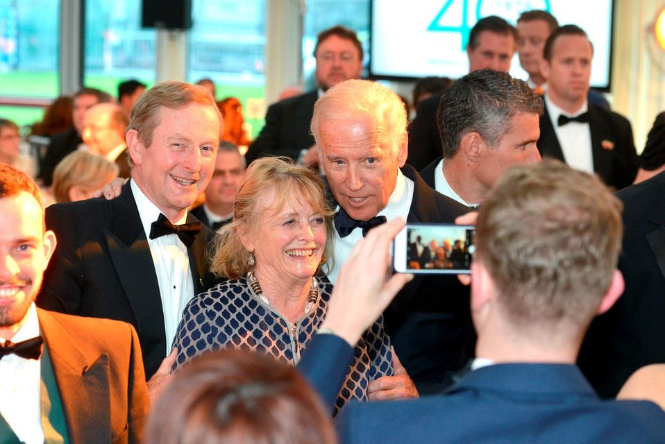 Seamus Heaney’s wife, Marie has her photo taken with Taoiseach Enda Kenny and US Vice President Joe Biden as she attends the Ireland Fund’s 40th Anniversary Gala Dinner at Trinity College in Dublin, Ireland on Friday 24 June 2016. Photo credit: Barbara Lindberg.