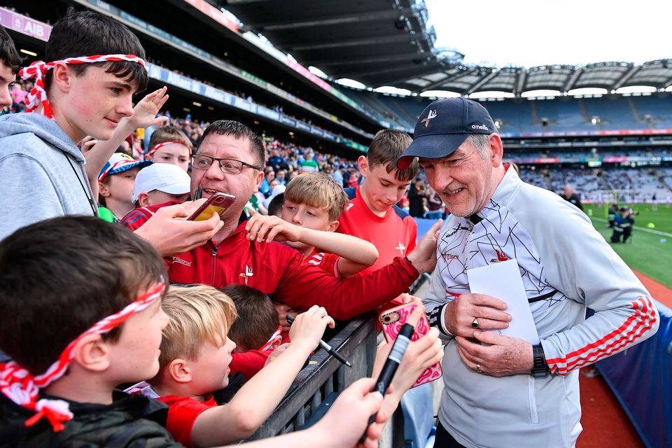 Louth manager Mickey Harte with Wee County fans after the win over Offaly in the Leinster SFC semi-final. Photo: Seb Daly/Sportsfile