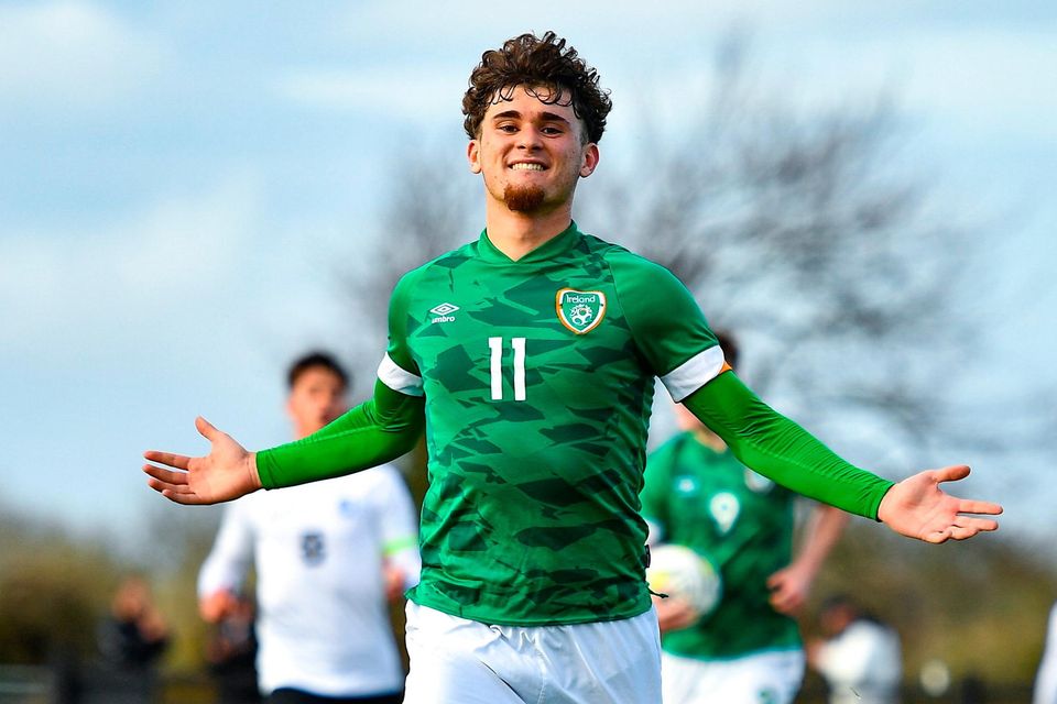 25 March 2023; Kevin Zefi of Republic of Ireland celebrates after scoring his side's first goal, a penalty, during the UEFA European Under-19 Championship Elite Round match between Republic of Ireland and Estonia at Ferrycarrig Park in Wexford. Photo by Sam Barnes/Sportsfile