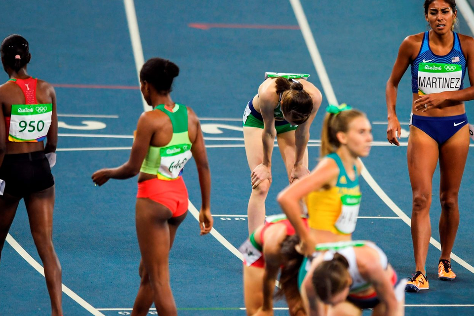 Ciara Mageean of Ireland dejected after the semi-final of the Women's 1500m in the Olympic Stadium