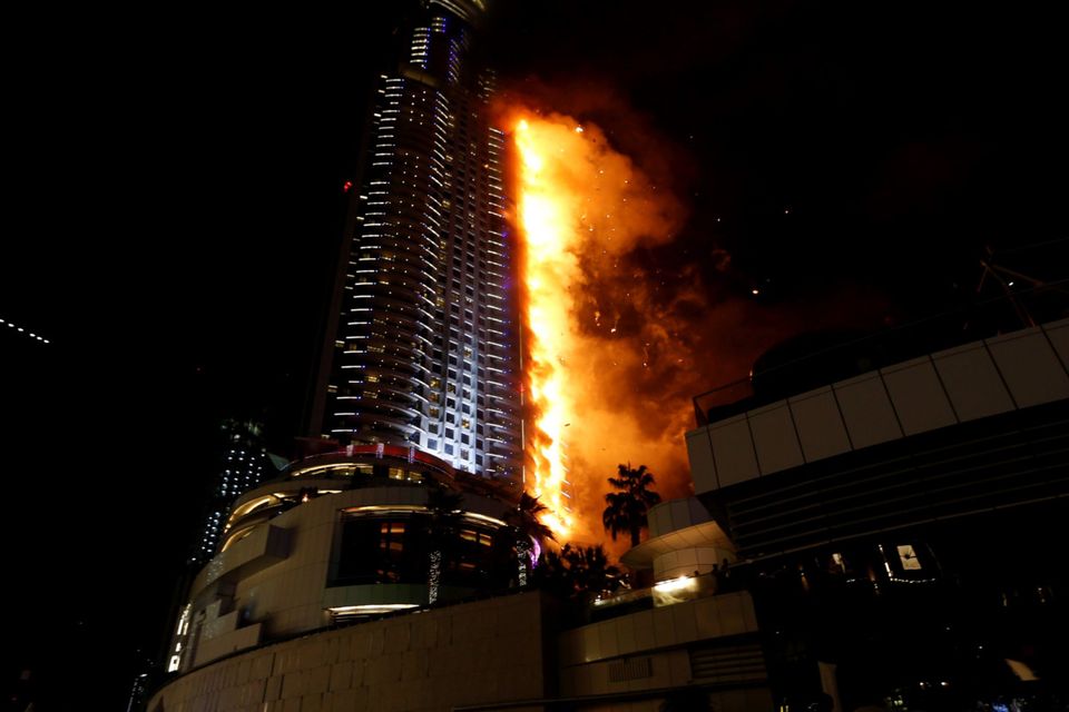 A fire engulfs The Address Hotel in downtown Dubai in the United Arab Emirates