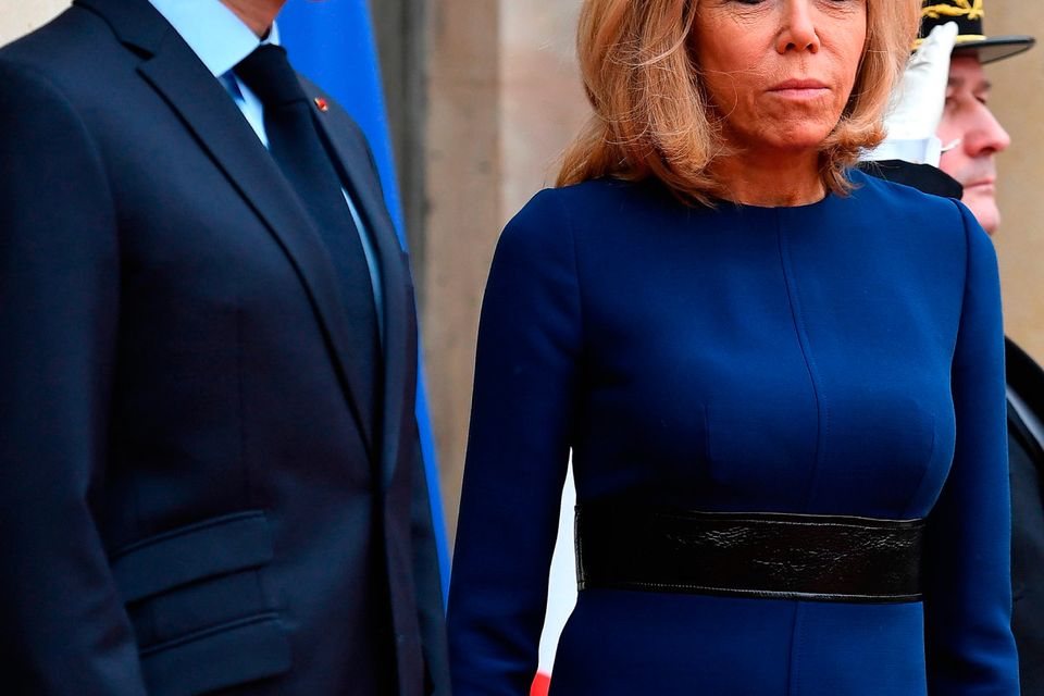 brigitte macron blue dress Afina Dark Blue Satin Maxi Dress With Long Sleeves