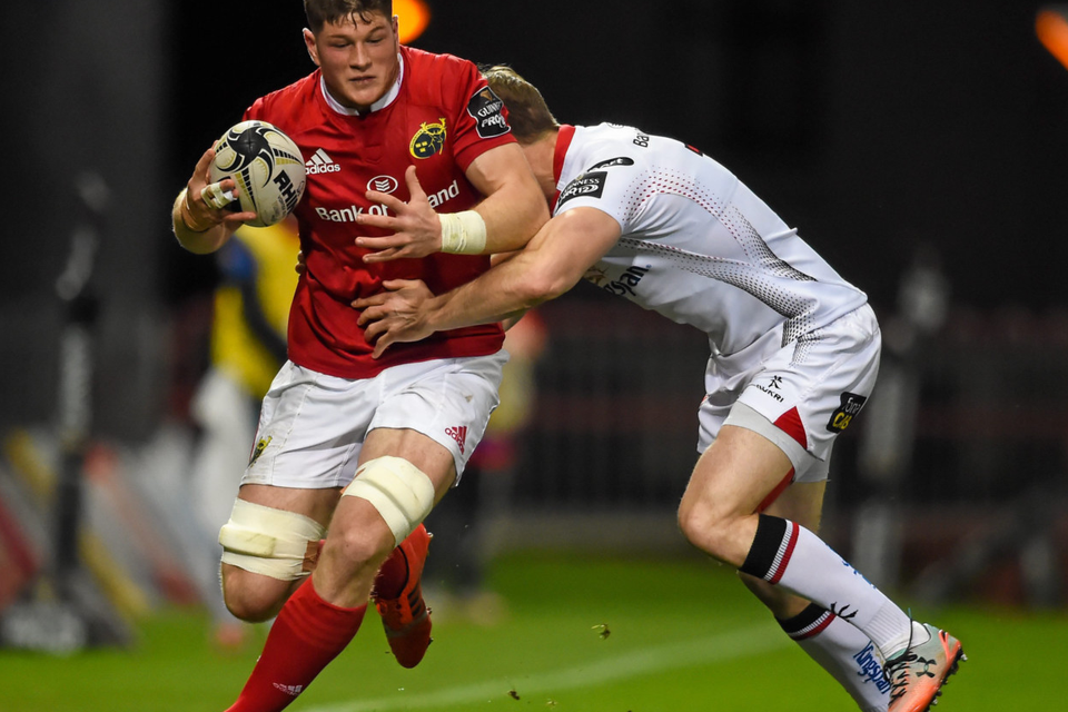 Jack O'Donoghue is tackled by Ulster's Andrew Trimble last week