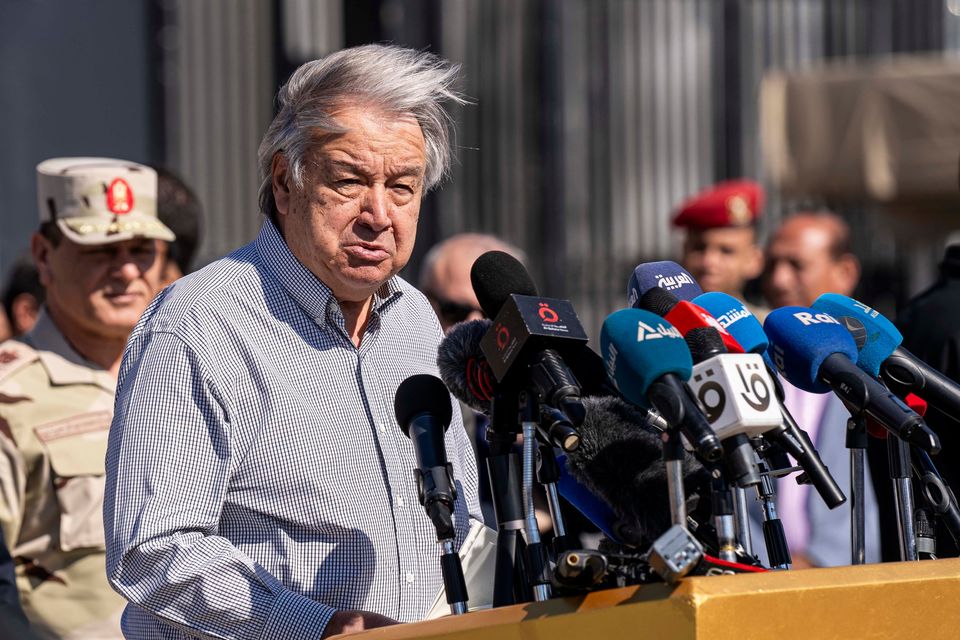 UN secretary general Antonio Guterres at the Rafah crossing yesterday. Photo: Getty