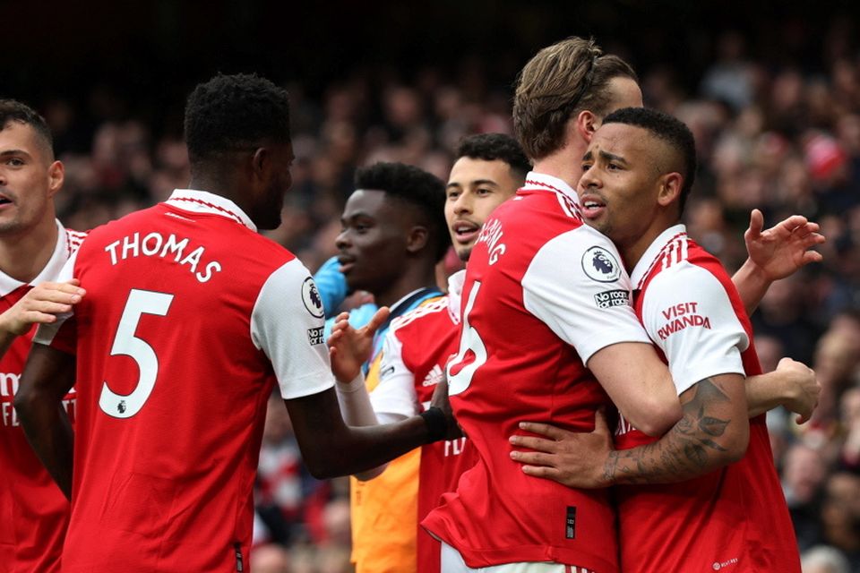 Arsenal's Gabriel Jesus celebrates scoring their third goal with Rob Holding, Thomas Partey and Granit Xhaka