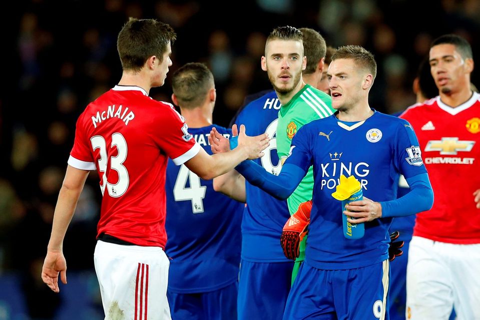Manchester United's Paddy McNair shakes hands with Leicester's Jamie Vardy at full time