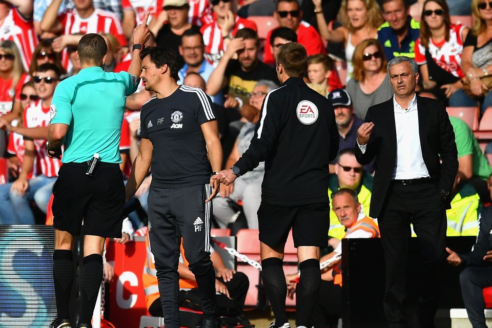 SOUTHAMPTON, ENGLAND - SEPTEMBER 23:  Jose Mourinho, Manager of Manchester United gets sent to the stands by referee Craig Pawson during the Premier League match between Southampton and Manchester United at St Mary's Stadium on September 23, 2017 in Southampton, England.  (Photo by Dan Mullan/Getty Images)