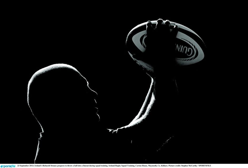23 September 2013; Ireland's Richardt Strauss prepares to throw a ball into a lineout during squad training. Ireland Rugby Squad Training, Carton House, Maynooth, Co. Kildare. Picture credit: Stephen McCarthy / SPORTSFILE