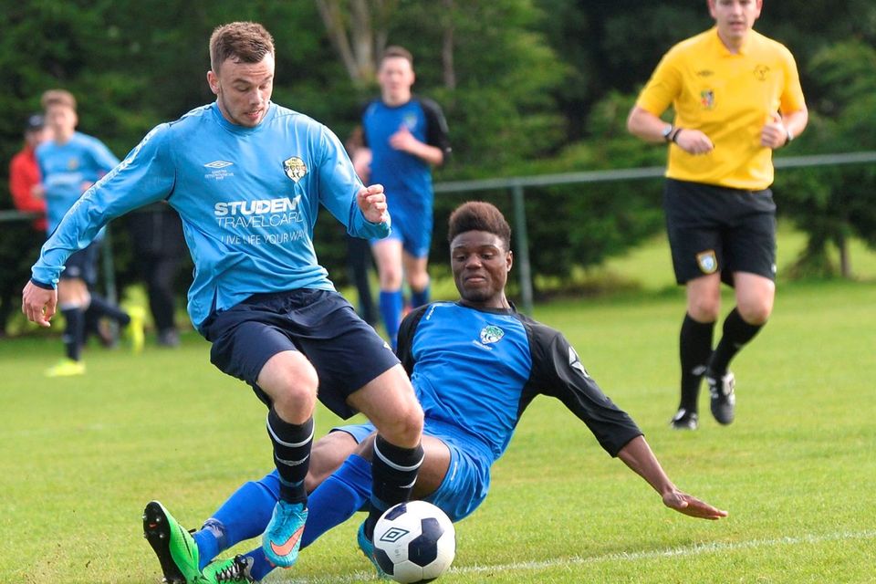 Thierry Baba for Connaught tackles Stephen Hanley of Leinster during the Under 18 Interprovincial tournament final at the AUL Complex Clonshaugh